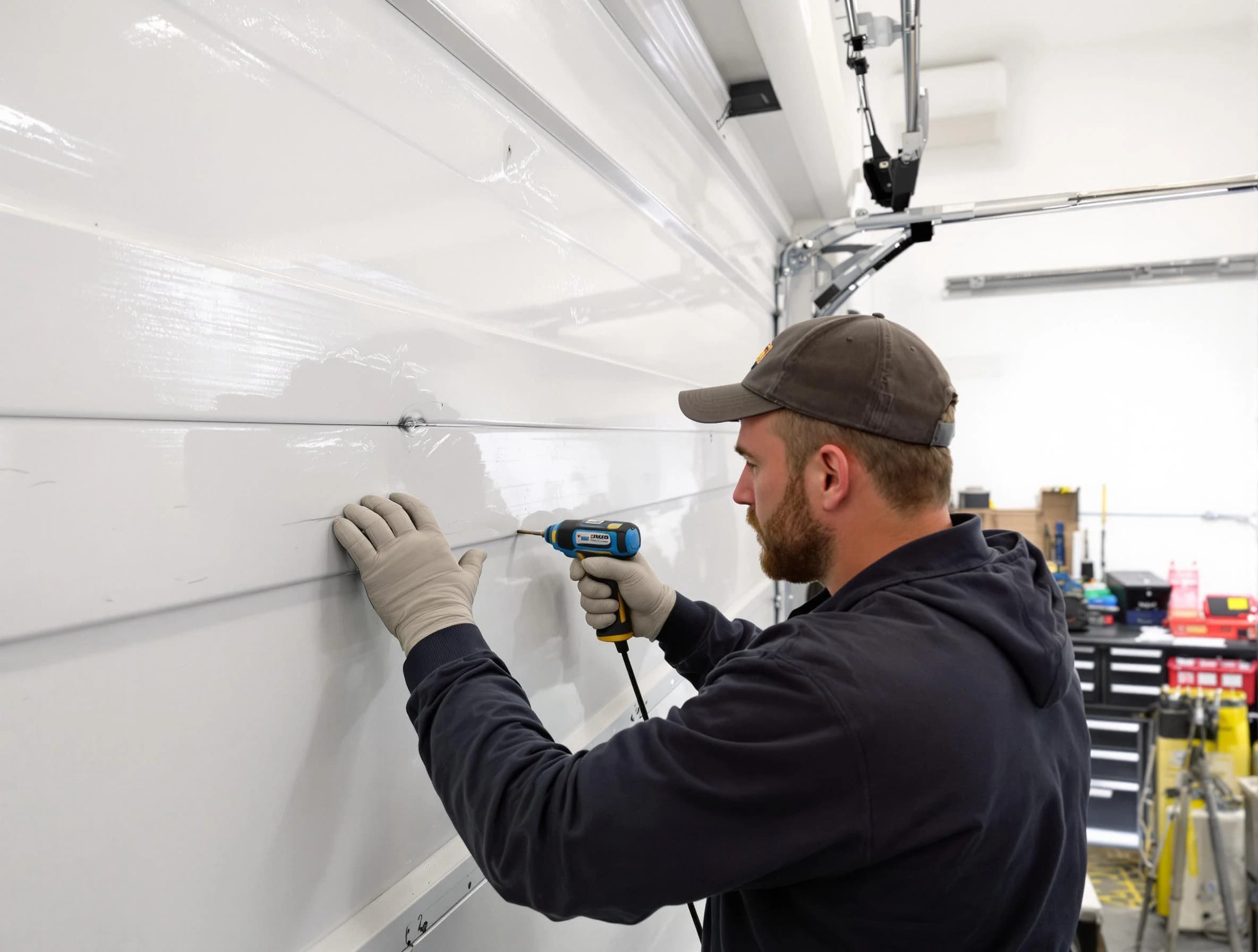 Montrose Garage Door Repair technician demonstrating precision dent removal techniques on a Montrose garage door